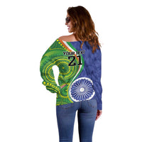 India Vs Australian Cricket Custom Off Shoulder Sweater Ashoka Chakra and Aboriginal Together - Wonder Print Shop