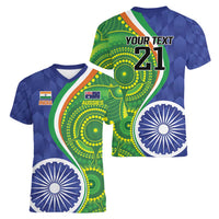 India Vs Australian Cricket Custom Women V-Neck T-Shirt Ashoka Chakra and Aboriginal Together - Wonder Print Shop