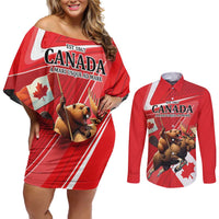 Personalized Beaver and Moose Happy Canada Day Couples Matching Off Shoulder Short Dress and Long Sleeve Button Shirt Est 1867 A Mari Usque Ad Mare