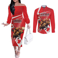 Personalized Beaver and Moose Happy Canada Day Couples Matching Off The Shoulder Long Sleeve Dress and Long Sleeve Button Shirt Est 1867 A Mari Usque Ad Mare