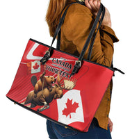 Personalized Beaver and Moose Happy Canada Day Leather Tote Bag Est 1867 A Mari Usque Ad Mare