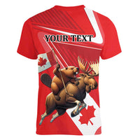 Personalized Beaver and Moose Happy Canada Day Women V-Neck T-Shirt Est 1867 A Mari Usque Ad Mare