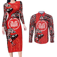 Personalized Canada Indigenous People Day Couples Matching Long Sleeve Bodycon Dress and Long Sleeve Button Shirt Haida Tribe Flag Tattoo Style