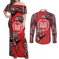 Personalized Canada Indigenous People Day Couples Matching Off Shoulder Maxi Dress and Long Sleeve Button Shirt Haida Tribe Flag Tattoo Style