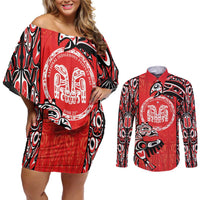 Personalized Canada Indigenous People Day Couples Matching Off Shoulder Short Dress and Long Sleeve Button Shirt Haida Tribe Flag Tattoo Style
