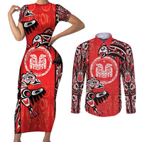 Personalized Canada Indigenous People Day Couples Matching Short Sleeve Bodycon Dress and Long Sleeve Button Shirt Haida Tribe Flag Tattoo Style