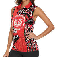Personalized Canada Indigenous People Day Women Sleeveless Polo Shirt Haida Tribe Flag Tattoo Style
