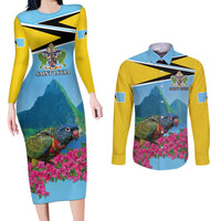 Personalized Pitons Saint Lucian Bougainvillea Couples Matching Long Sleeve Bodycon Dress and Long Sleeve Button Shirt