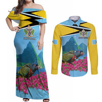 Personalized Pitons Saint Lucian Bougainvillea Couples Matching Off Shoulder Maxi Dress and Long Sleeve Button Shirt
