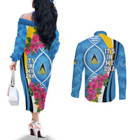 Saint Lucia Flag Pride It's in My DNA Couples Matching Off The Shoulder Long Sleeve Dress and Long Sleeve Button Shirt