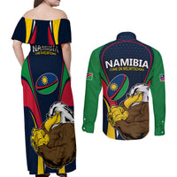 Namibia Rugby Couples Matching Off Shoulder Maxi Dress and Long Sleeve Button Shirts World Cup 2023 Eagle Mascot Come On Welwitschias LT9 - Wonder Print Shop