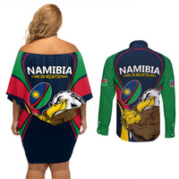 Namibia Rugby Couples Matching Off Shoulder Short Dress and Long Sleeve Button Shirts World Cup 2023 Eagle Mascot Come On Welwitschias LT9 - Wonder Print Shop