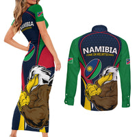 Namibia Rugby Couples Matching Short Sleeve Bodycon Dress and Long Sleeve Button Shirts World Cup 2023 Eagle Mascot Come On Welwitschias LT9 - Wonder Print Shop