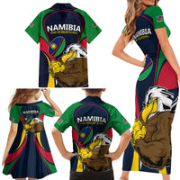 Namibia Rugby Family Matching Short Sleeve Bodycon Dress and Hawaiian Shirt World Cup 2023 Eagle Mascot Come On Welwitschias - Wonder Print Shop