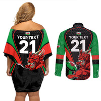 Custom Wales Rugby Couples Matching Off Shoulder Short Dress and Long Sleeve Button Shirts World Cup 2023 Dragon Mascot Come On Cymru LT9 - Wonder Print Shop
