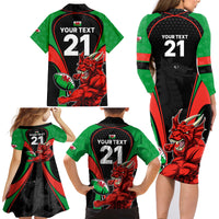 Custom Wales Rugby Family Matching Long Sleeve Bodycon Dress and Hawaiian Shirt World Cup 2023 Dragon Mascot Come On Cymru LT9 - Wonder Print Shop