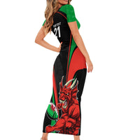 Custom Wales Rugby Short Sleeve Bodycon Dress World Cup 2023 Dragon Mascot Come On Cymru - Wonder Print Shop
