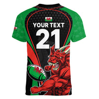 Custom Wales Rugby Women V Neck T Shirt World Cup 2023 Dragon Mascot Come On Cymru - Wonder Print Shop