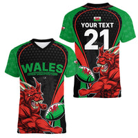 Custom Wales Rugby Women V Neck T Shirt World Cup 2023 Dragon Mascot Come On Cymru - Wonder Print Shop