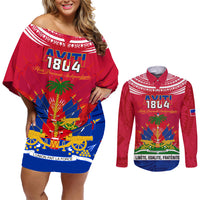 Haiti Independence Day Couples Matching Off Shoulder Short Dress and Long Sleeve Button Shirt Libete Egalite Fratenite Ayiti 1804 With Polynesian Pattern LT9 - Wonder Print Shop