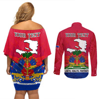 Haiti Independence Day Couples Matching Off Shoulder Short Dress and Long Sleeve Button Shirt Libete Egalite Fratenite Ayiti 1804 With Polynesian Pattern LT9 - Wonder Print Shop