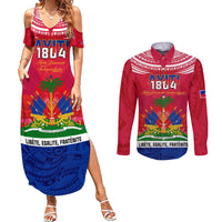 Haiti Independence Day Couples Matching Summer Maxi Dress and Long Sleeve Button Shirt Libete Egalite Fratenite Ayiti 1804 With Polynesian Pattern LT9 - Wonder Print Shop