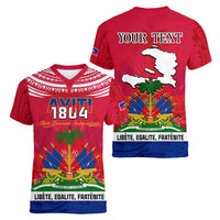 Haiti Independence Day Women V Neck T Shirt Libete Egalite Fratenite Ayiti 1804 With Polynesian Pattern - Wonder Print Shop