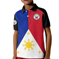 Kids football polo shirt with black collar, blue red white flag front and yellow sun print