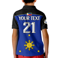 Kids football polo shirt back with black collar, custom text and number 21 over blue flag
