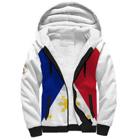 White sherpa hoodie with hood, zipper, and Philippines flag graphic front