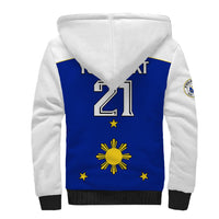 White sherpa hoodie with hood and Philippines flag back print with number 21