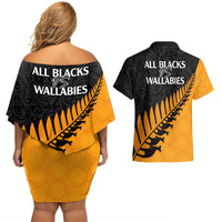 Australia Wallabies and Aotearoa Rugby Couples Matching Off Shoulder Short Dress and Hawaiian Shirt Kangaroo Black Fern Maori Gold Vibe LT9 - Wonder Print Shop