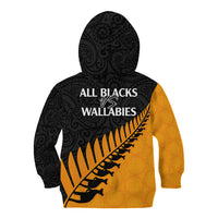 Australia Wallabies and Aotearoa Rugby Kid Hoodie Kangaroo Black Fern Maori Gold Vibe - Wonder Print Shop