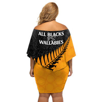 Australia Wallabies and Aotearoa Rugby Off Shoulder Short Dress Kangaroo Black Fern Maori Gold Vibe - Wonder Print Shop