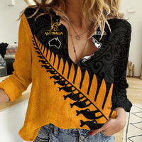 Custom Australia Wallabies and Aotearoa Rugby Women Casual Shirt Kangaroo Black Fern Maori Gold Vibe - Wonder Print Shop