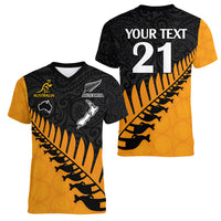 Custom Australia Wallabies and Aotearoa Rugby Women V Neck T Shirt Kangaroo Black Fern Maori Gold Vibe - Wonder Print Shop