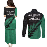 Australia Wallabies and Aotearoa Rugby Couples Matching Puletasi Dress and Long Sleeve Button Shirts Kangaroo Black Fern Maori Green Vibe LT9 - Wonder Print Shop