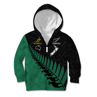 Australia Wallabies and Aotearoa Rugby Kid Hoodie Kangaroo Black Fern Maori Green Vibe - Wonder Print Shop