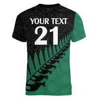 Custom Australia Wallabies and Aotearoa Rugby Women V Neck T Shirt Kangaroo Black Fern Maori Green Vibe - Wonder Print Shop