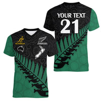 Custom Australia Wallabies and Aotearoa Rugby Women V Neck T Shirt Kangaroo Black Fern Maori Green Vibe - Wonder Print Shop