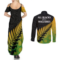 Australia Wallabies and Aotearoa Rugby Couples Matching Summer Maxi Dress and Long Sleeve Button Shirts Kangaroo Black Fern Maori Gradient Vibe LT9 - Wonder Print Shop
