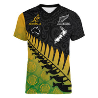 Australia Wallabies and Aotearoa Rugby Women V Neck T Shirt Kangaroo Black Fern Maori Gradient Vibe - Wonder Print Shop