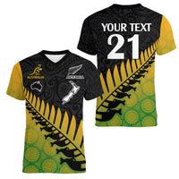 Custom Australia Wallabies and Aotearoa Rugby Women V Neck T Shirt Kangaroo Black Fern Maori Gradient Vibe - Wonder Print Shop