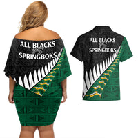 South Africa and Aotearoa Rugby Couples Matching Off Shoulder Short Dress and Hawaiian Shirt Springboks Black Fern Maori Vibe LT9 - Wonder Print Shop
