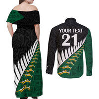 Custom South Africa and Aotearoa Rugby Couples Matching Off Shoulder Maxi Dress and Long Sleeve Button Shirts Springboks Black Fern Maori Vibe LT9 - Wonder Print Shop