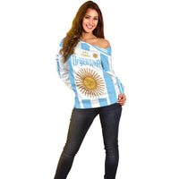 Vamos Argentina Champions Football Custom Off Shoulder Sweater White and Sky Blue - Wonder Print Shop