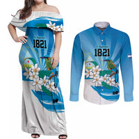 Nicaragua Independence Day Personalized Couples Matching Off Shoulder Maxi Dress and Long Sleeve Button Shirt Since 1821 Proud Guardabarranco Sacuanjoche - Wonder Print Shop