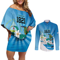 Nicaragua Independence Day Personalized Couples Matching Off Shoulder Short Dress and Long Sleeve Button Shirt Since 1821 Proud Guardabarranco Sacuanjoche - Wonder Print Shop