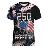Personalized Largemouth Bass Fishing Women V-Neck T-Shirt America 250 Year Freedom