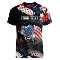 Personalized Largemouth Bass Fishing Women V-Neck T-Shirt America 250 Year Freedom